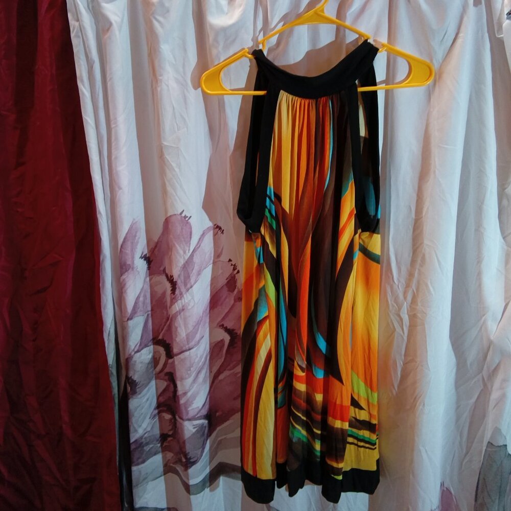 123 brand halter dress very pretty yellow orange multi color neck tie Med